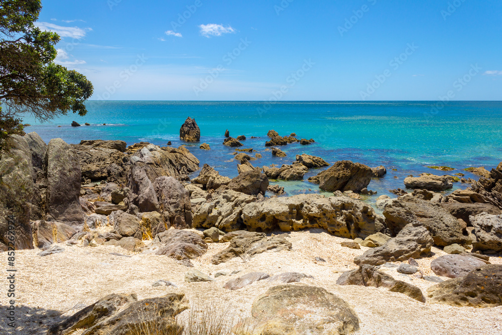 Landscape Scenery of Mount Maunganui Beach, Tauranga - New Zealand; Rocky Part of the Beach