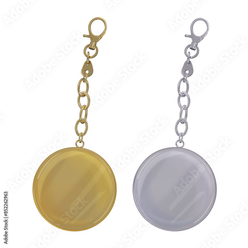 Metal round key chain on chain and carbine. Gold and silver colors. Accessories for bags and jewelry. Vector 3d realistic illustration isolated on white background.