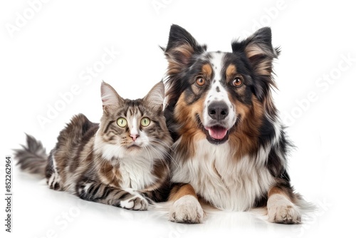 Dog and cat laying next to each other on white background © Alexei