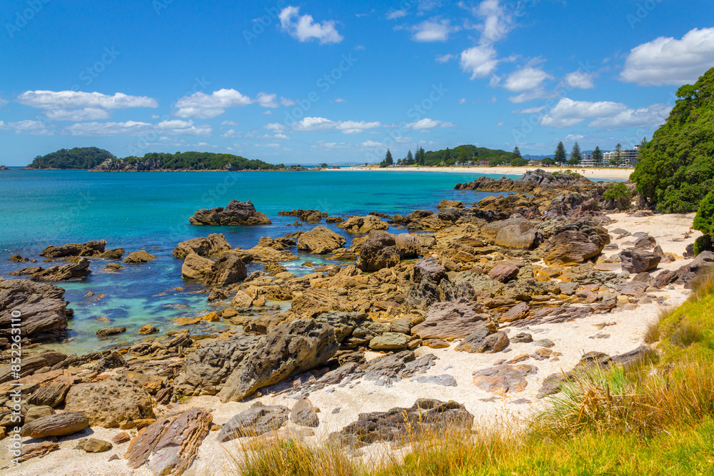 Landscape Scenery of Mount Maunganui Beach, Tauranga - New Zealand; Rocky Part of the Beach