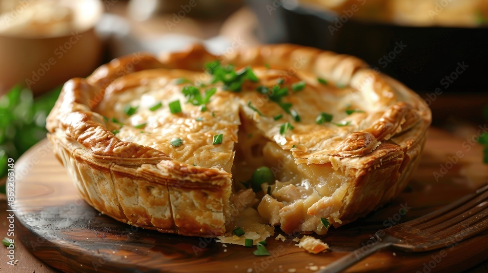 Detail of Chicken Pie on wooden plate Detail of Chicken Pie on wooden plate