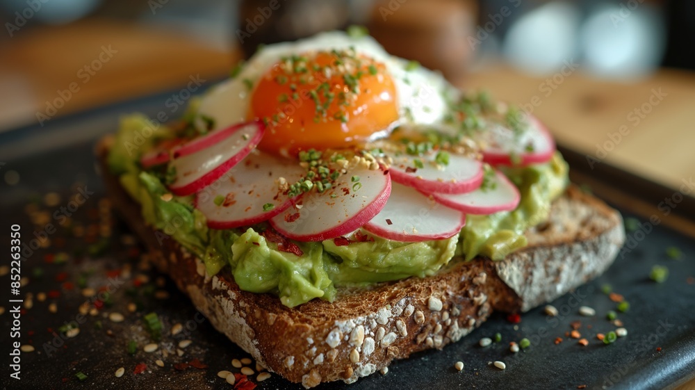 Gourmet Avocado Toast with Poached Egg and Radish Slices on Wholegrain Bread Gourmet Avocado Toast with Poached Egg and Radish Slices on Wholegrain Bread