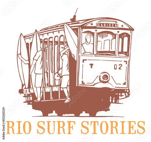 Vector illustration of tram with surfers and skaters passengers. Handmade drawing in stripped strokes. Art for printing on t-shirts, posters and etc...