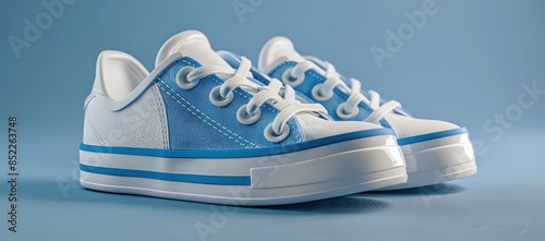 Blue and White Canvas Sneakers on Blue Background photo