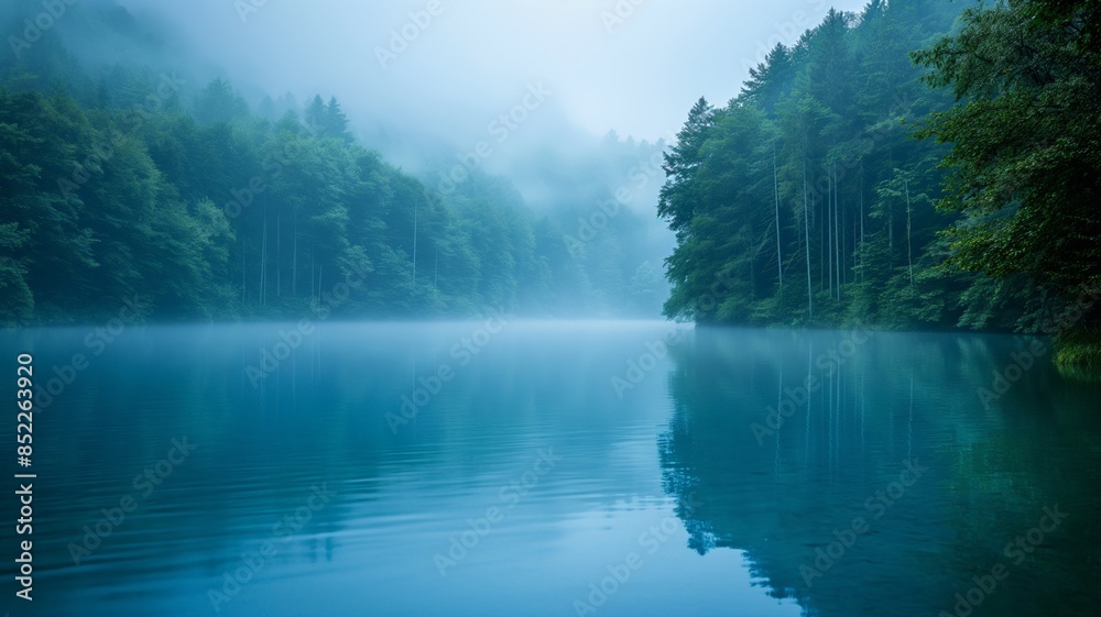 Tranquil Misty Lake Surrounded by Lush Green Forest in Early Morning Light Tranquil Misty Lake Surrounded by Lush Green Forest in Early Morning Light