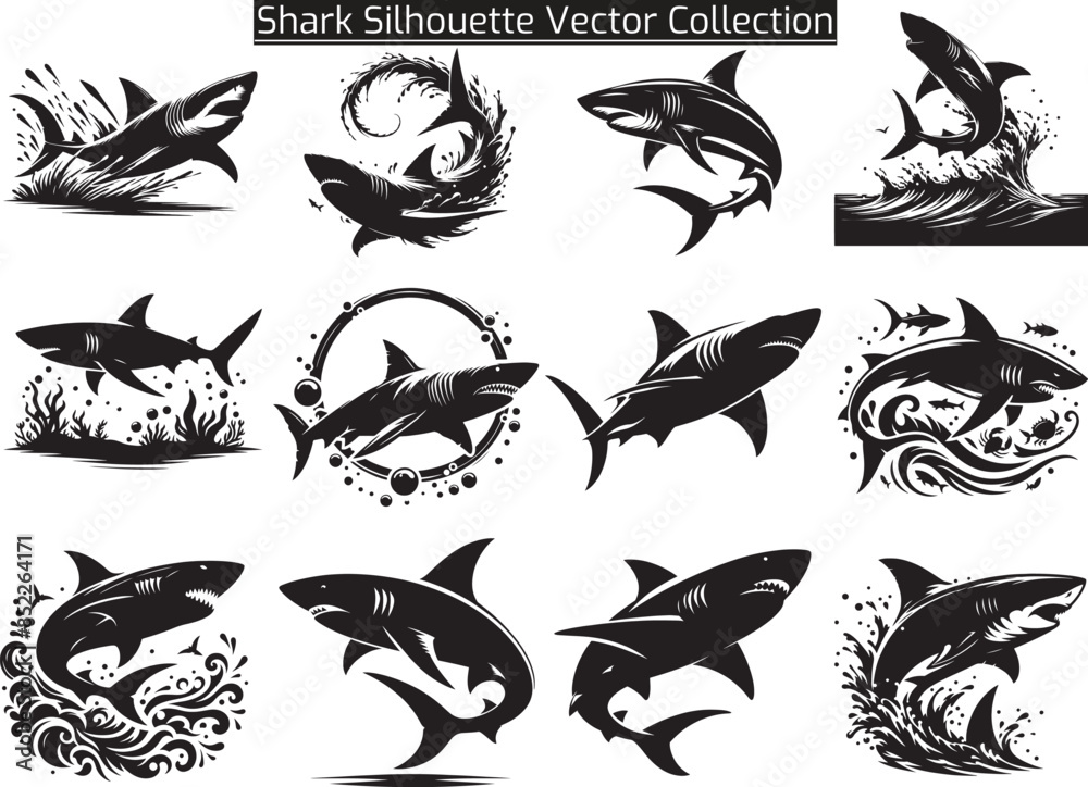 Obraz premium A Set of Shark Silhouette Vector Illustrations