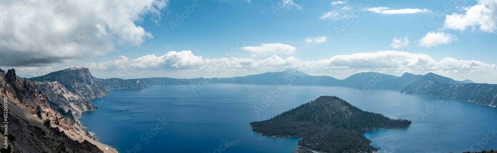 Panoramic view of Crater Lake and Wizard Island in Oregon Panoramic view of Crater Lake and Wizard Island in Oregon
