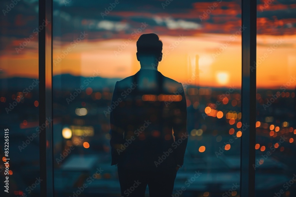 A man in a suit is standing in front of a window, looking out at the city below A man in a suit is standing in front of a window, looking out at the city below