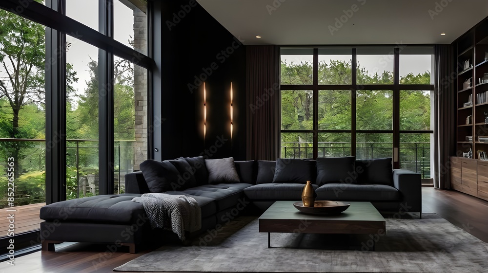 Dark home living room interior with couch and sideboard, panoramic window. Dark home living room interior with couch and sideboard, panoramic window.
