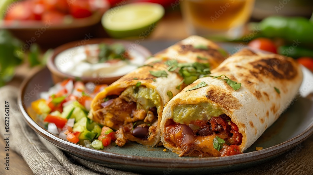 Delicious Fresh Burritos with Colorful Salsa and Sour Cream on a Rustic Plate Delicious Fresh Burritos with Colorful Salsa and Sour Cream on a Rustic Plate