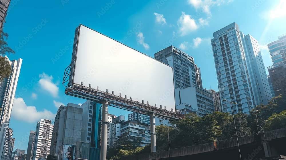 Blank Billboard in an Urban Skyline with Skyscrapers and Blue Sky Blank Billboard in an Urban Skyline with Skyscrapers and Blue Sky