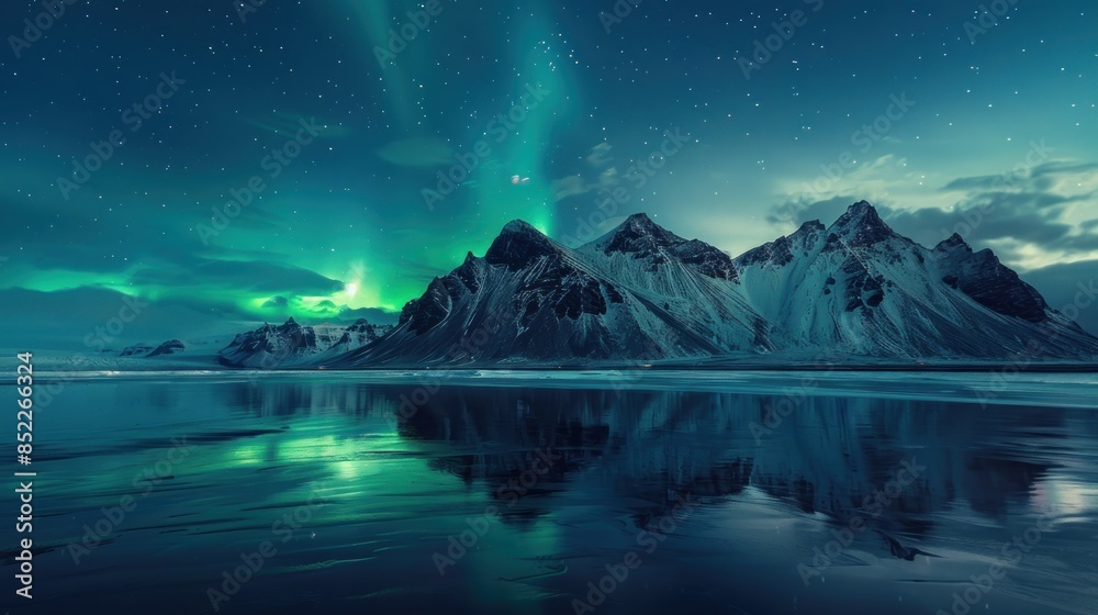 Naklejka premium Majestic Aurora Borealis Over Snowy Mountains
