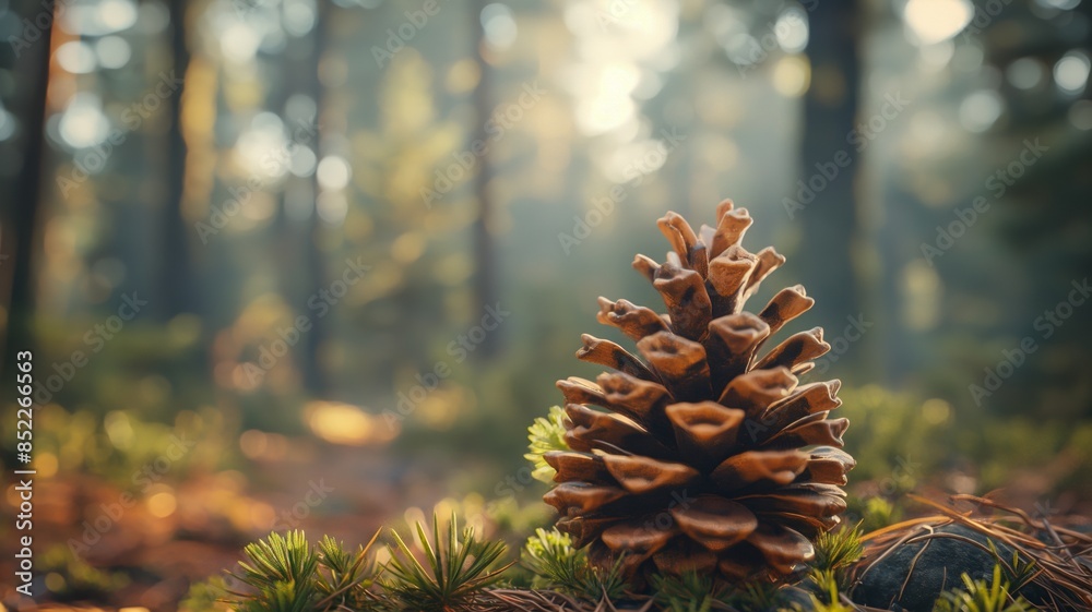 Peaceful Pinecone in a Sunlit Forest during Early Morning Peaceful Pinecone in a Sunlit Forest during Early Morning