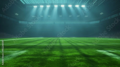 Empty illuminated football field at night.