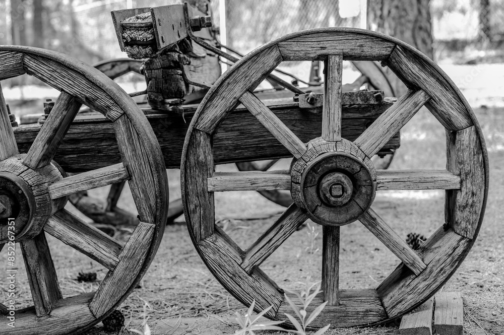 Chiloquin, Oregon 8.8.2023 Wagon with wooden wheels on display at the Collier Memorial State