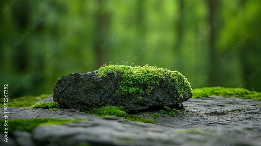 Tranquil Forest Rock with Lush Green Moss and Bokeh Background Tranquil Forest Rock with Lush Green Moss and Bokeh Background