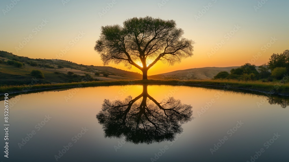 Tree Reflected in Tranquil Pond at Sunset in Scenic Landscape Tree Reflected in Tranquil Pond at Sunset in Scenic Landscape