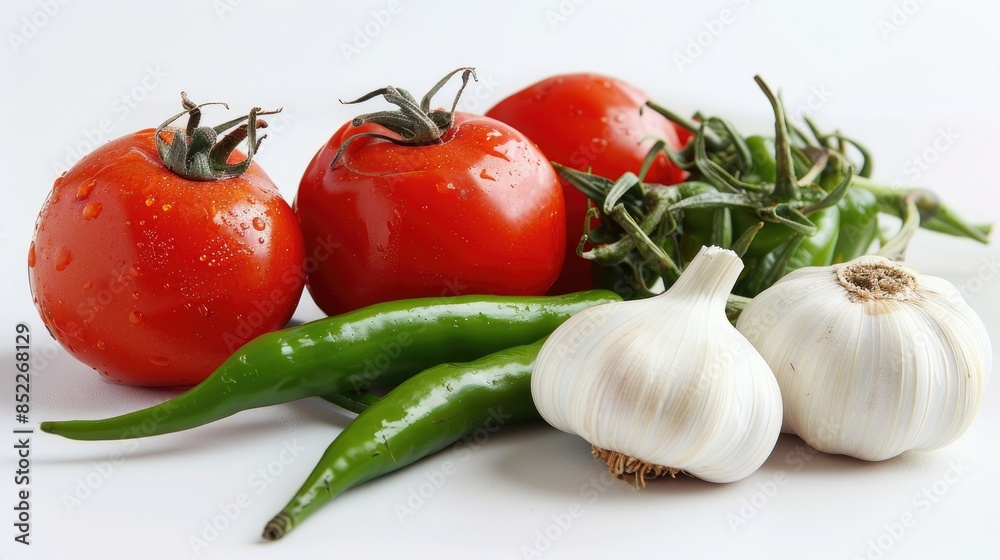 Vibrant image of garlic tomato and green chili on a white background showcasing fresh and colorful produce