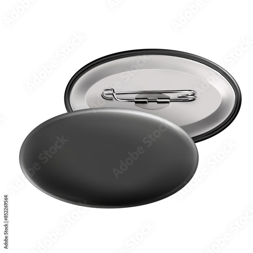Mock Up. Black oval badge pin brooch. Realistic illustration isolated on white background.