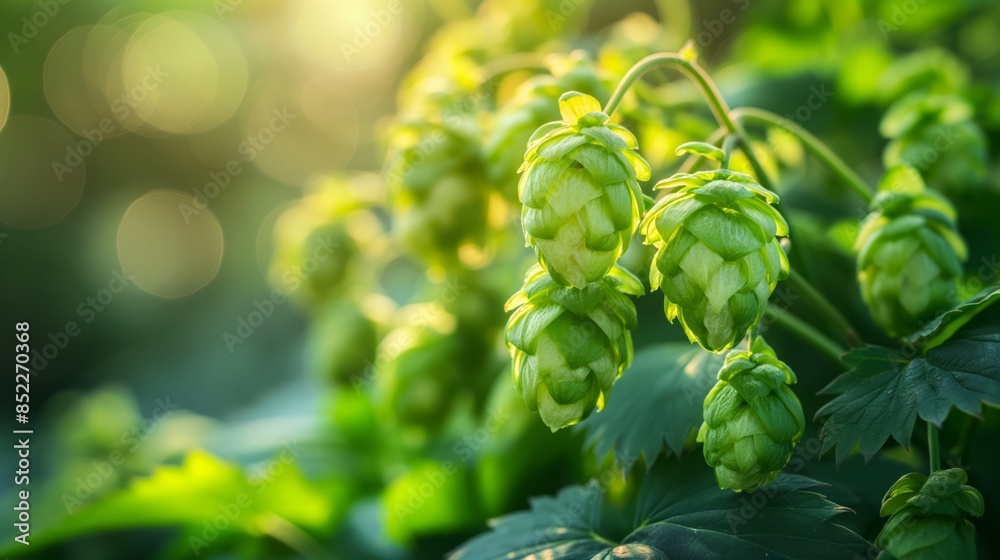 Sunlit Hops: Close-Up of Fresh Green Hops in a Lush Garden Setting at Sunset Sunlit Hops: Close-Up of Fresh Green Hops in a Lush Garden Setting at Sunset