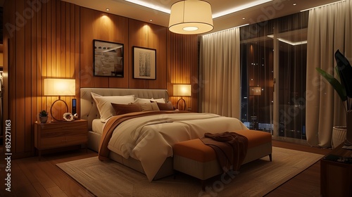 Warm and Cozy Bedroom with Elegant Lighting and Wooden Accents