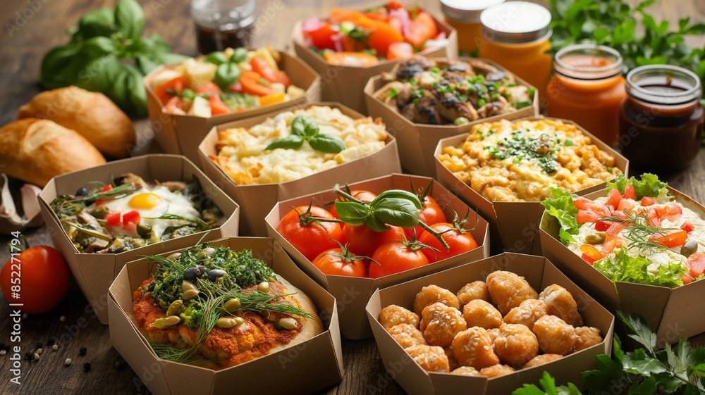 Delicious Assorted Meals in Takeout Containers on Rustic Wooden Table Delicious Assorted Meals in Takeout Containers on Rustic Wooden Table