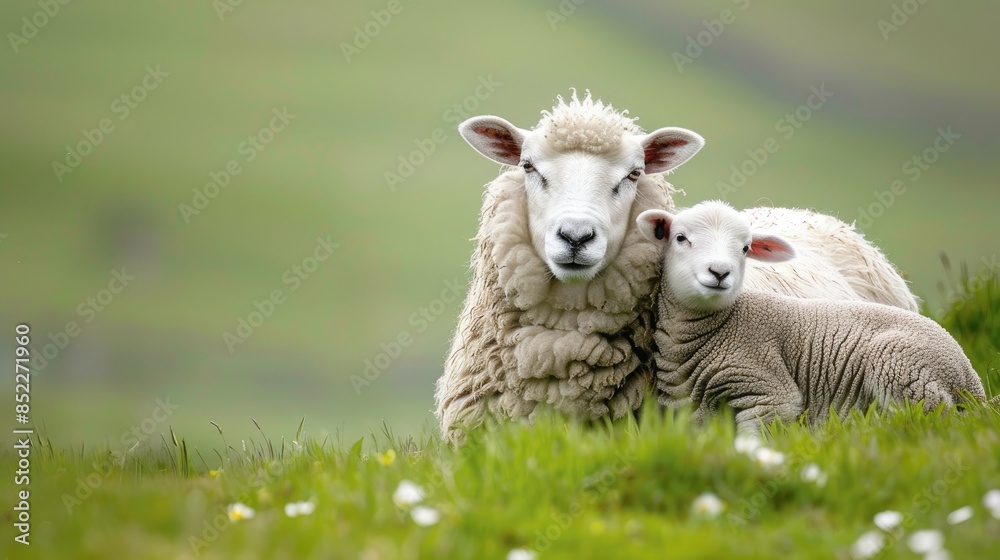 Mother sheep caring for lamb in spring with clean green backdrop Yorkshire Dales UK Mother sheep caring for lamb in spring with clean green backdrop Yorkshire Dales UK