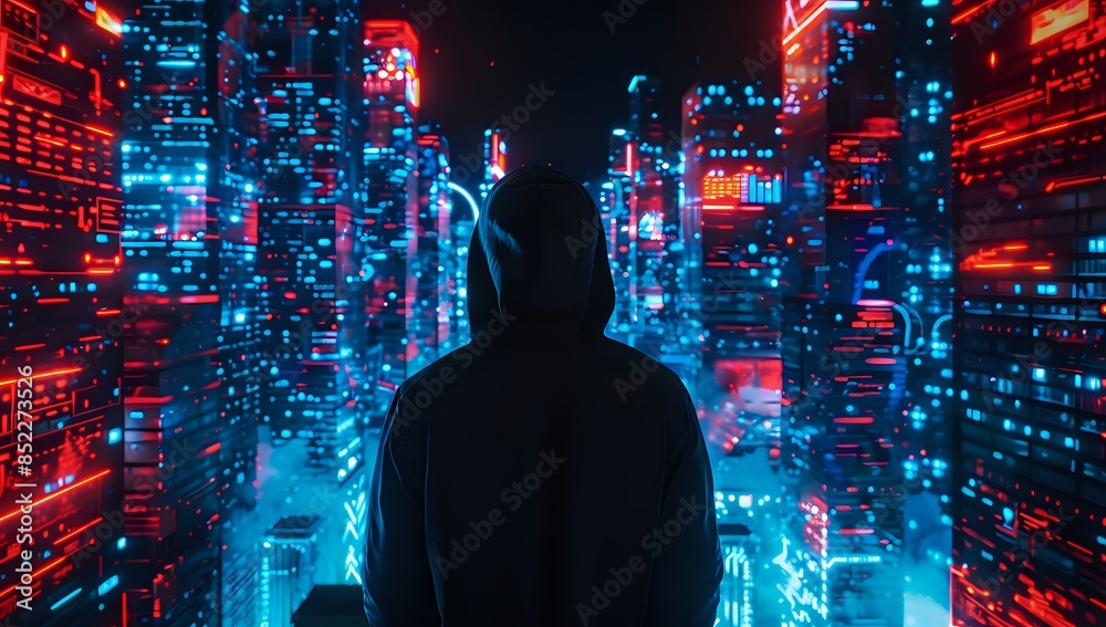 Fototapeta premium Lonely figure in black hoodie contemplating city view