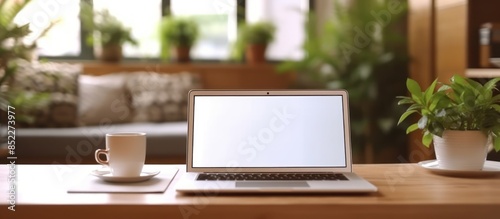 Laptop with blank white screen on work desk in office background