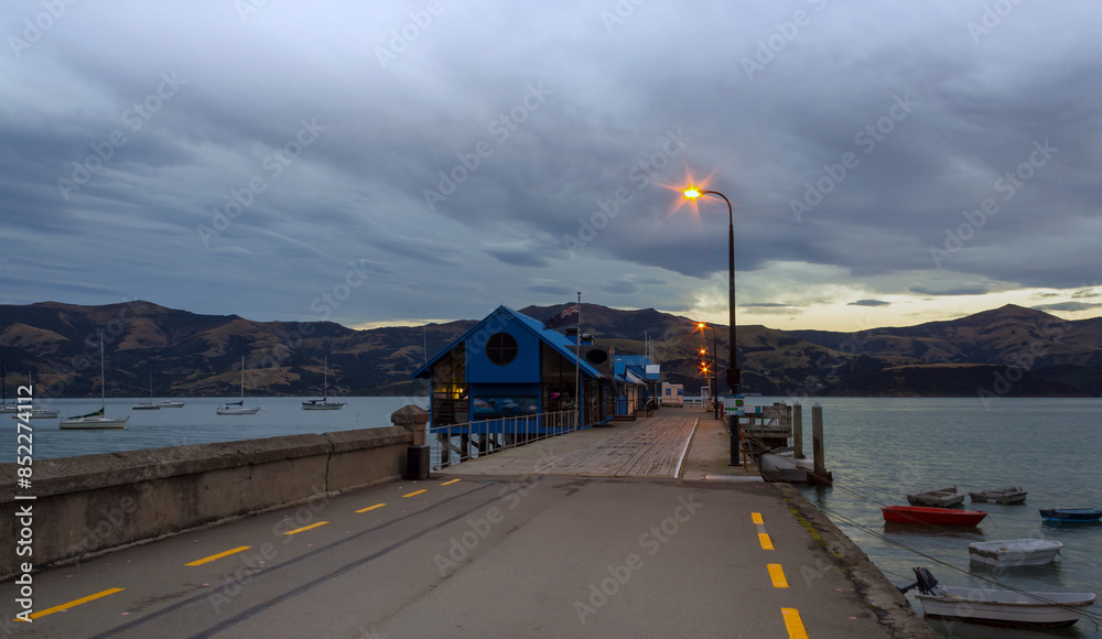 Wharf at Akaroa Beach on the Banks Peninsula, southeast of Christchurch, South Island, New Zealand