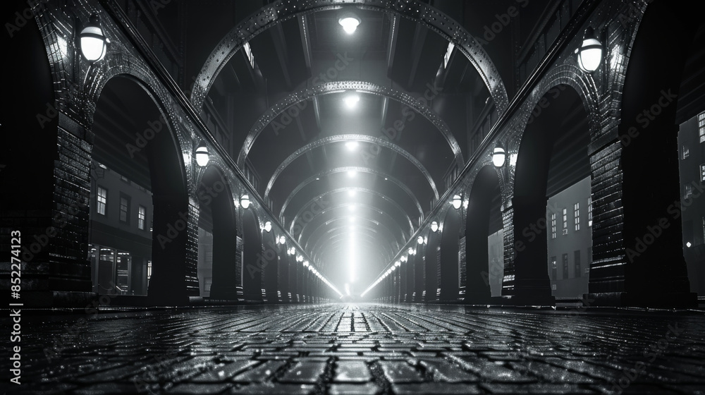 Fototapeta premium Moody monochrome view of Staple street skybridge by night, in Tribeca, New York City