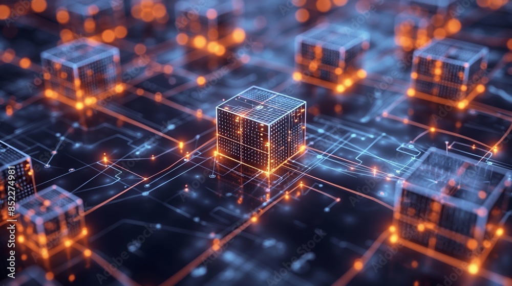 Futuristic Digital Blocks in a High-Tech Grid Network with Neon Lights Futuristic Digital Blocks in a High-Tech Grid Network with Neon Lights
