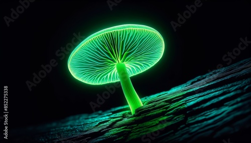 A close-up of a single glowing green mushroom on a dark tree trunk, highlighting its luminescence and intricate details.