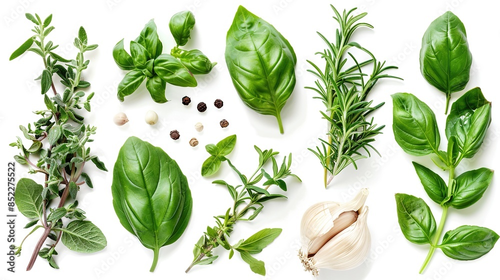 Fresh Herb Collection with Basil, Rosemary, Oregano, and Garlic Clove Isolated on Transparent Background. Ideal for Culinary, Medicinal, and Graphic Design Applications
