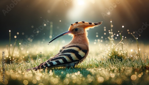 A hoopoe bird on the ground with a background of morning dew on grass, searching for insects with its long bill.