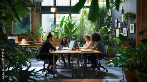 A modern co-working space bustling with professionals working on laptops surrounded by green indoor plants and natural light. AIG41 photo