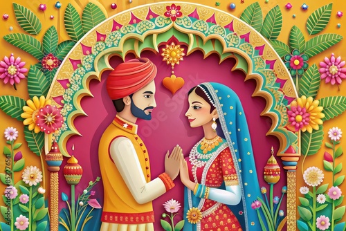 Paper cut illustration of Young wedding couple in traditional Indian costumes