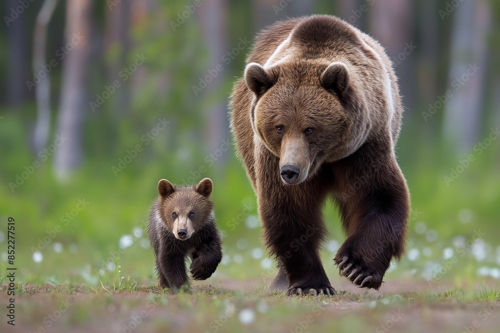 A heartwarming scene of a bear cub walking beside its father bear in a lush forest, representing family and wildlife bonding. A heartwarming scene of a bear cub walking beside its father bear in a lush forest, representing family and wildlife bonding.
