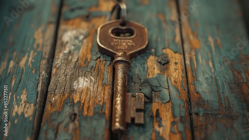 Rustic Vintage Key on Weathered Wooden Background with a Nostalgic Charm photo