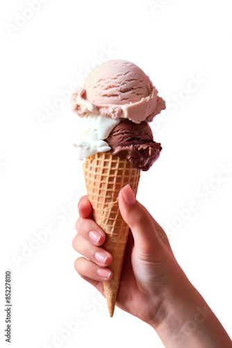 triple scoops of ice cream cone on hand.