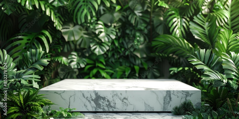 White Marble Pedestal in Lush Tropical Foliage White Marble Pedestal in Lush Tropical Foliage