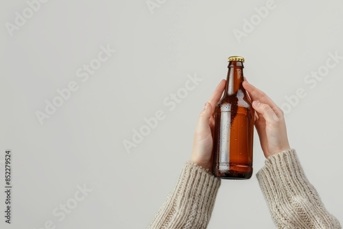 Hands holding a brown glass bottle with a cap on a white background. photo