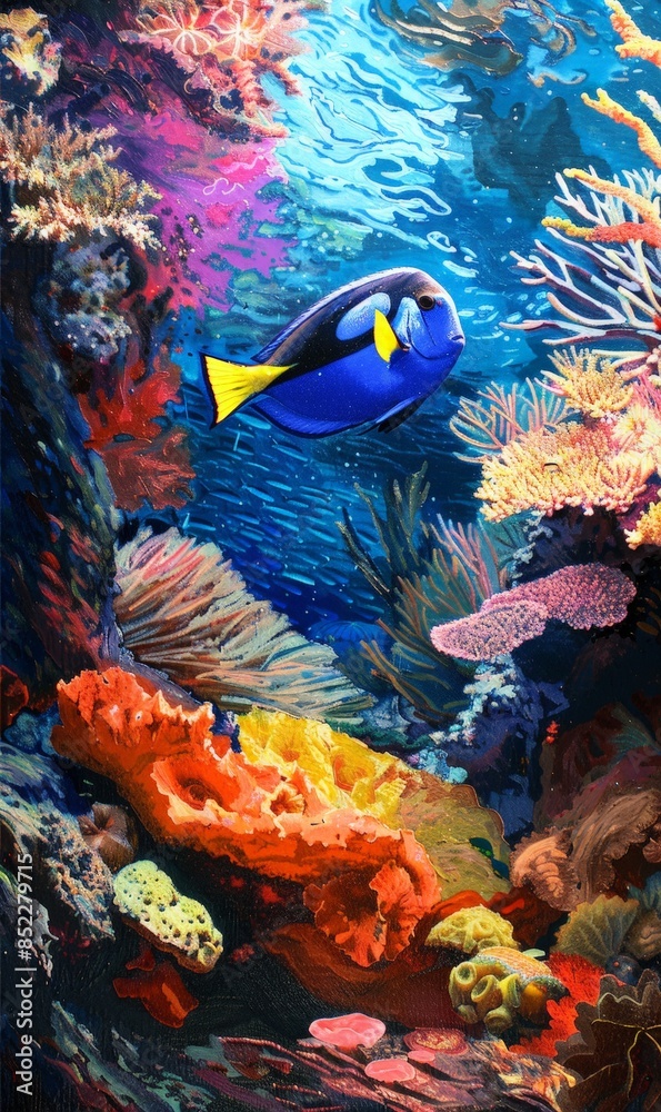 Watercolor painting of a blue tang fish swimming along a colorful coral reef in the sea. Use for phone wallpapers, posters, postcards, brochures. Watercolor painting of a blue tang fish swimming along a colorful coral reef in the sea. Use for phone wallpapers, posters, postcards, brochures.