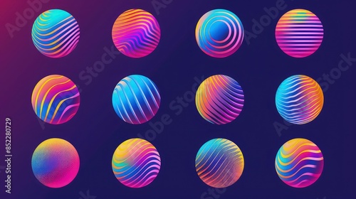 Vivid gradient spheres. Minimalist multicolor circles, abstract 80s vibrant colors and modern gradients sphere isolated vector set