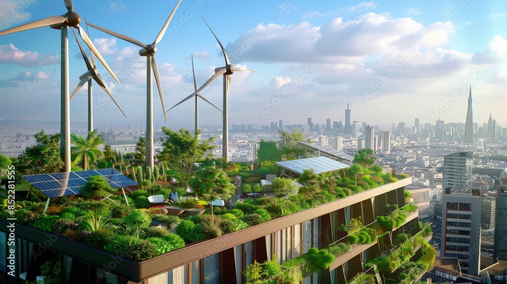 A rooftop garden with wind turbines and solar panels among the greenery on a hotel, showing a futuristic view of sustainable urban living against a cityscape backdrop. A rooftop garden with wind turbines and solar panels among the greenery on a hotel, showing a futuristic view of sustainable urban living against a cityscape backdrop.