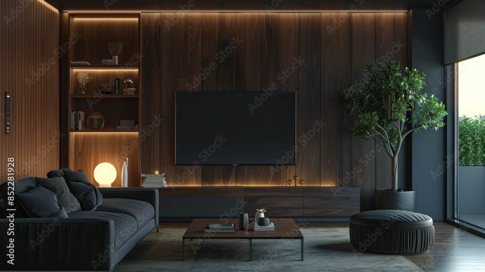 Modern Living Room with Dark Wood Walls and Minimalist Decor Modern Living Room with Dark Wood Walls and Minimalist Decor
