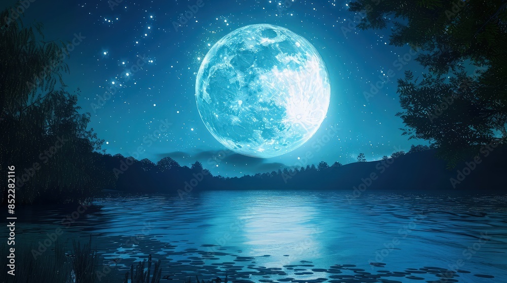 Fototapeta premium A serene moonlit landscape with a shimmering blue lake under a gigantic full moon, surrounded by dark silhouetted trees and a starry sky.