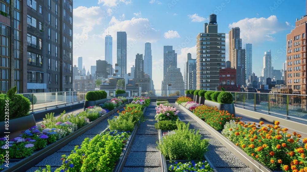 A serene rooftop garden with neatly arranged rows of flowering plants and shrubs on a hotel, overlooking a modern cityscape with towering skyscrapers A serene rooftop garden with neatly arranged rows of flowering plants and shrubs on a hotel, overlooking a modern cityscape with towering skyscrapers