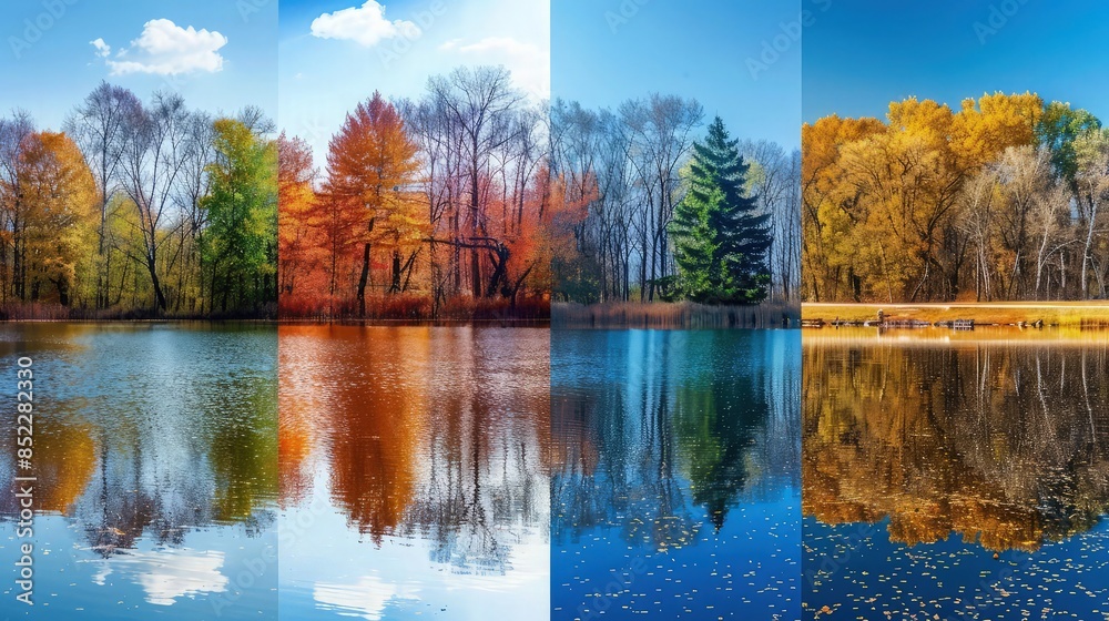 Obraz premium Four seasons montage displays a forest landscape beside water reflecting all annual changes, clearly showing spring, summer, autumn, and winter perspectives.