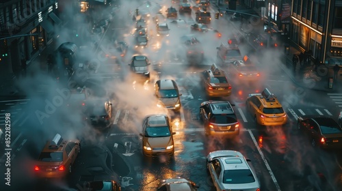 Busy Urban Intersection Filled with Traffic and Vapor in Evening Cityscape © Pure Imagination